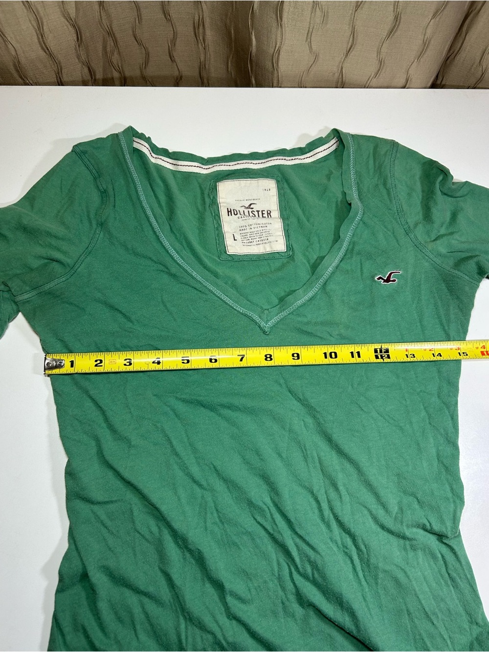 Hollister Women's Large Green V-Neck Elbow Sleeve Tee 100% Cotton Vintage - Picture 5 of 11